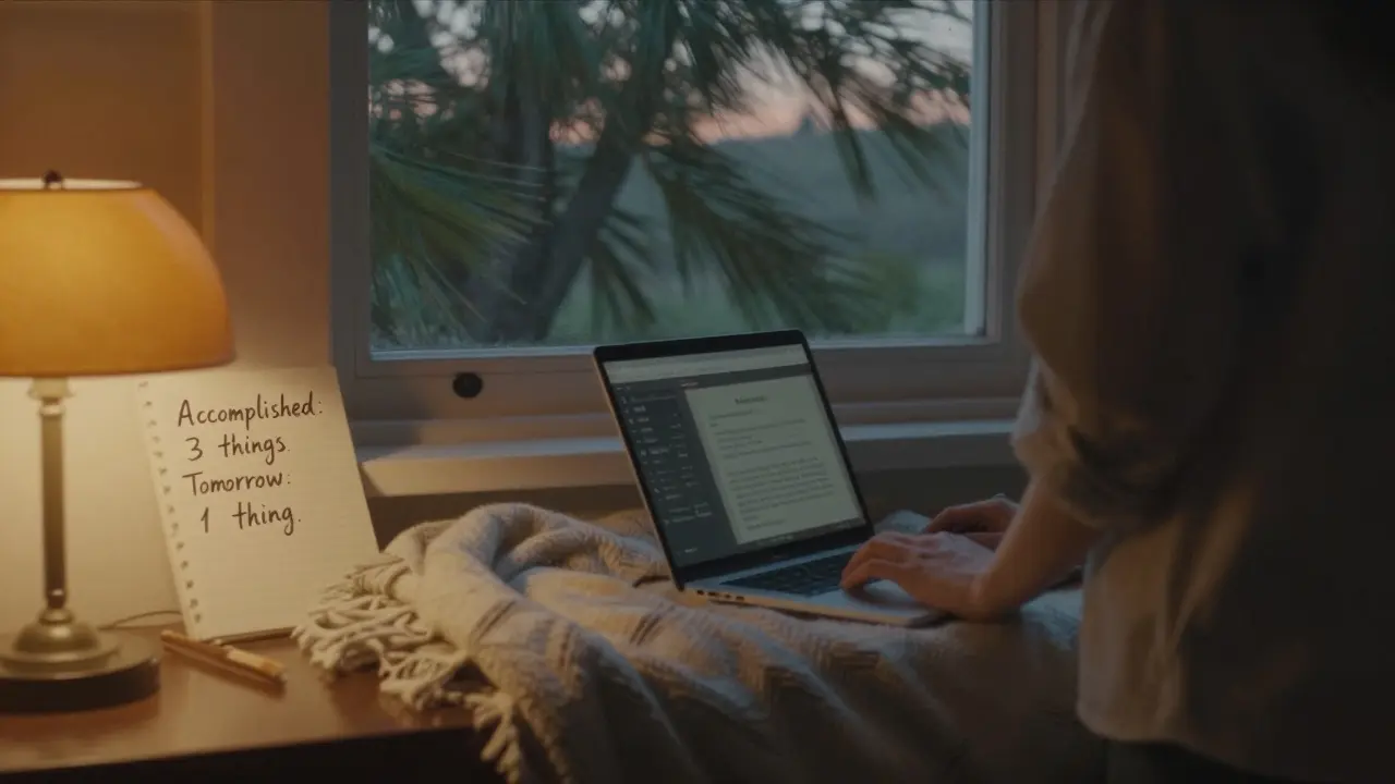 Someone closing their laptop at dusk beside a peaceful corner with a plant and blanket.