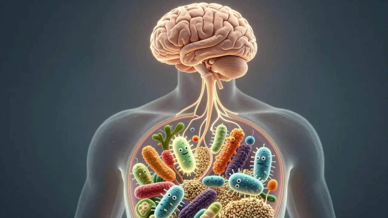 Transparent human torso showing beneficial microbes fermenting fiber, connected by glowing pathways to a calm brain.