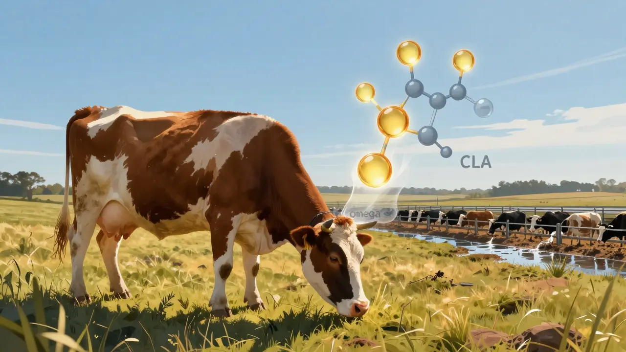 A cow grazing on a sunlit organic pasture, with molecular structures of omega-3 and CLA floating above its milk, contrasting with a distant conventional farm.