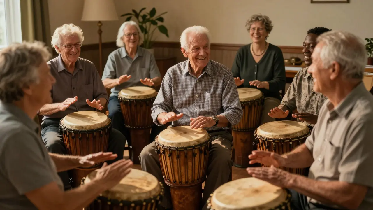 A group of seniors drumming together in a care home, smiling and making eye contact with a caregiver.