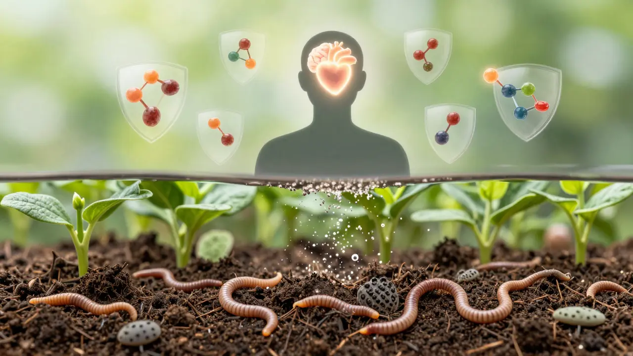 A human silhouette with antioxidant shields above, below a thriving organic soil ecosystem free of pesticide residues.