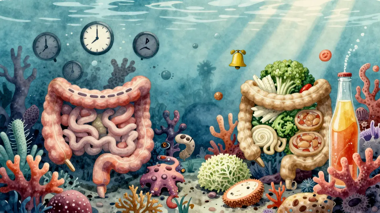 A thriving gut microbiome depicted as a vibrant coral reef, contrasted with darkened water from processed foods and stress.