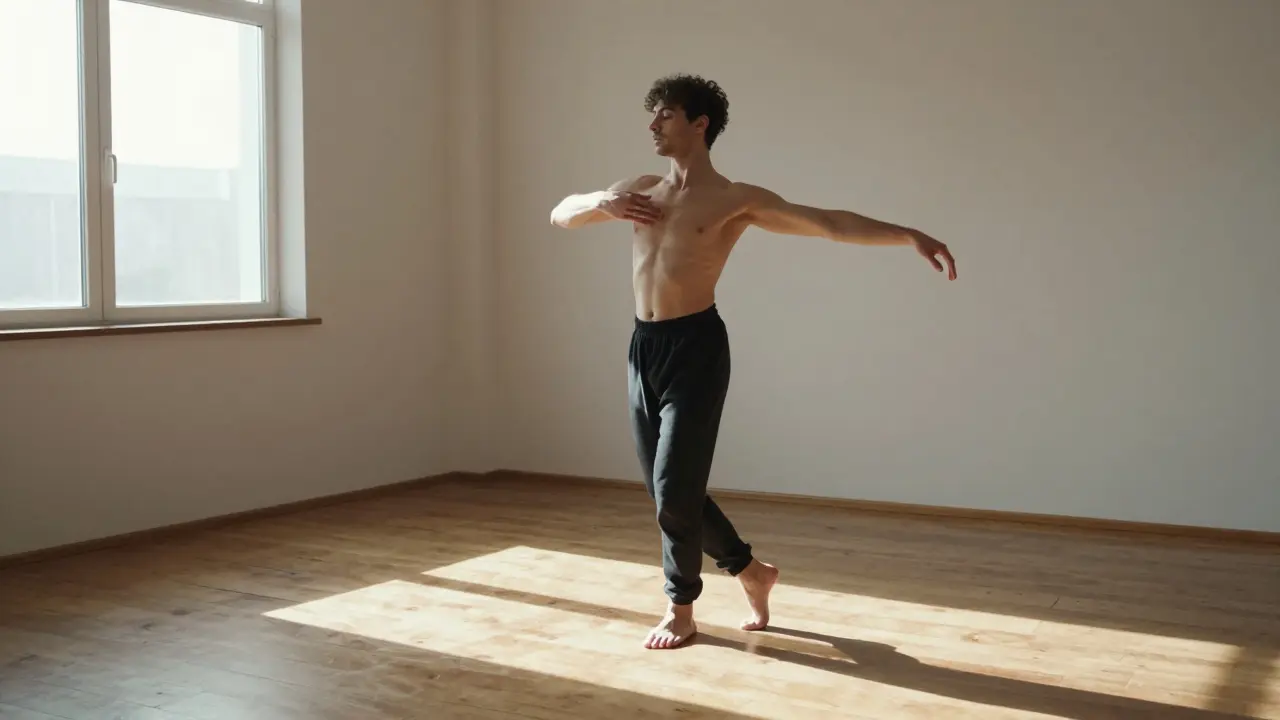 A young man moving his arms slowly in a sunlit room during dance therapy, barefoot on wooden floor.