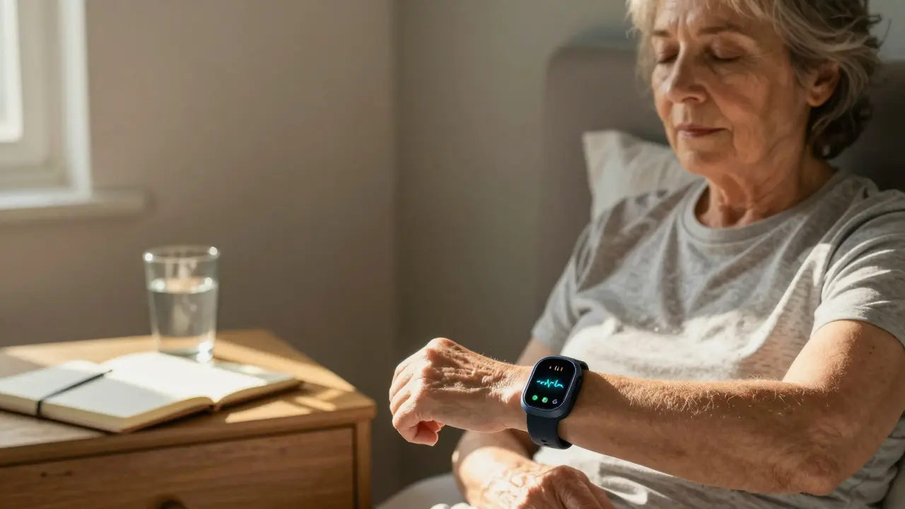 An older adult using a wearable biofeedback device at home, breathing calmly as lights pulse in rhythm with their heartbeat.