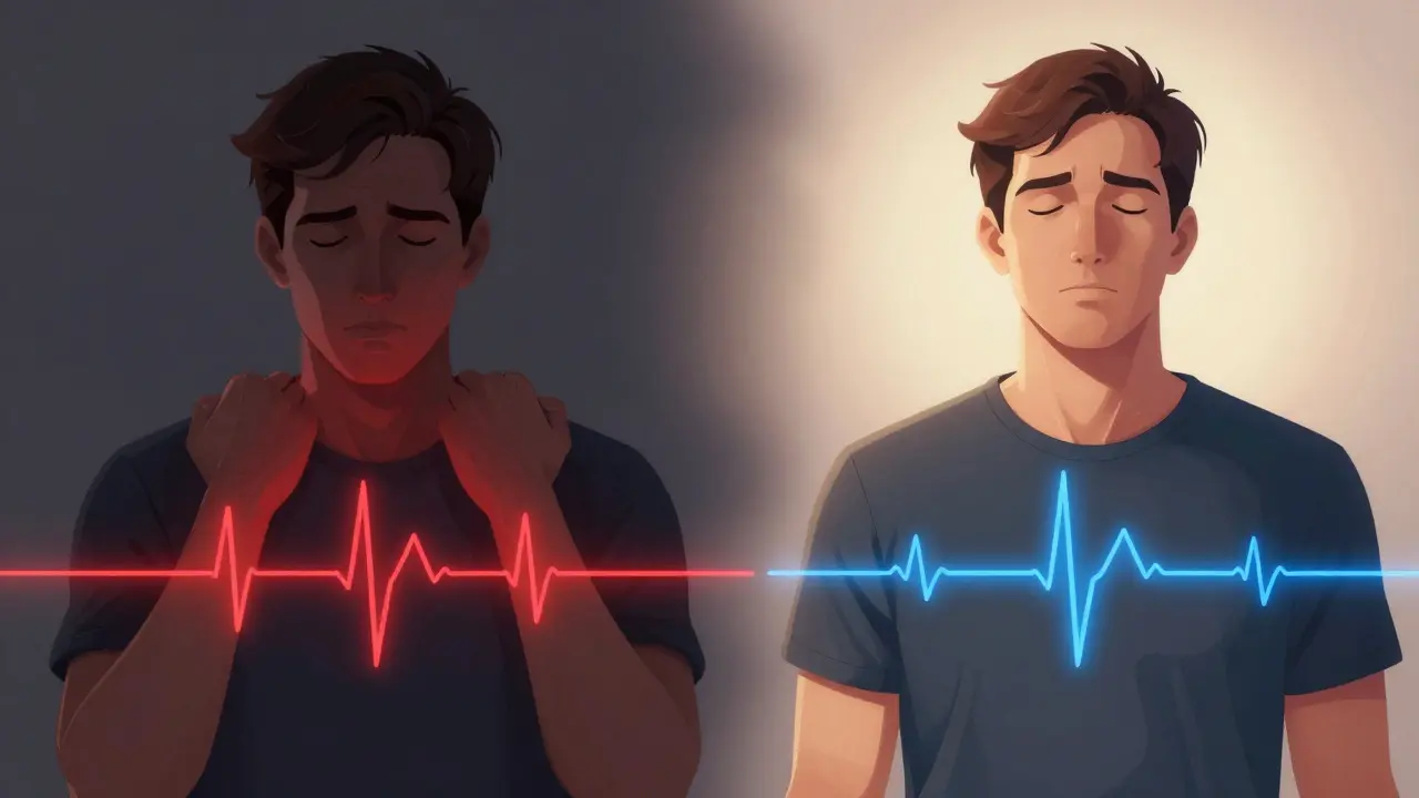 Side-by-side visualization of stress and relaxation states, showing changes in heart rate and skin temperature during biofeedback.