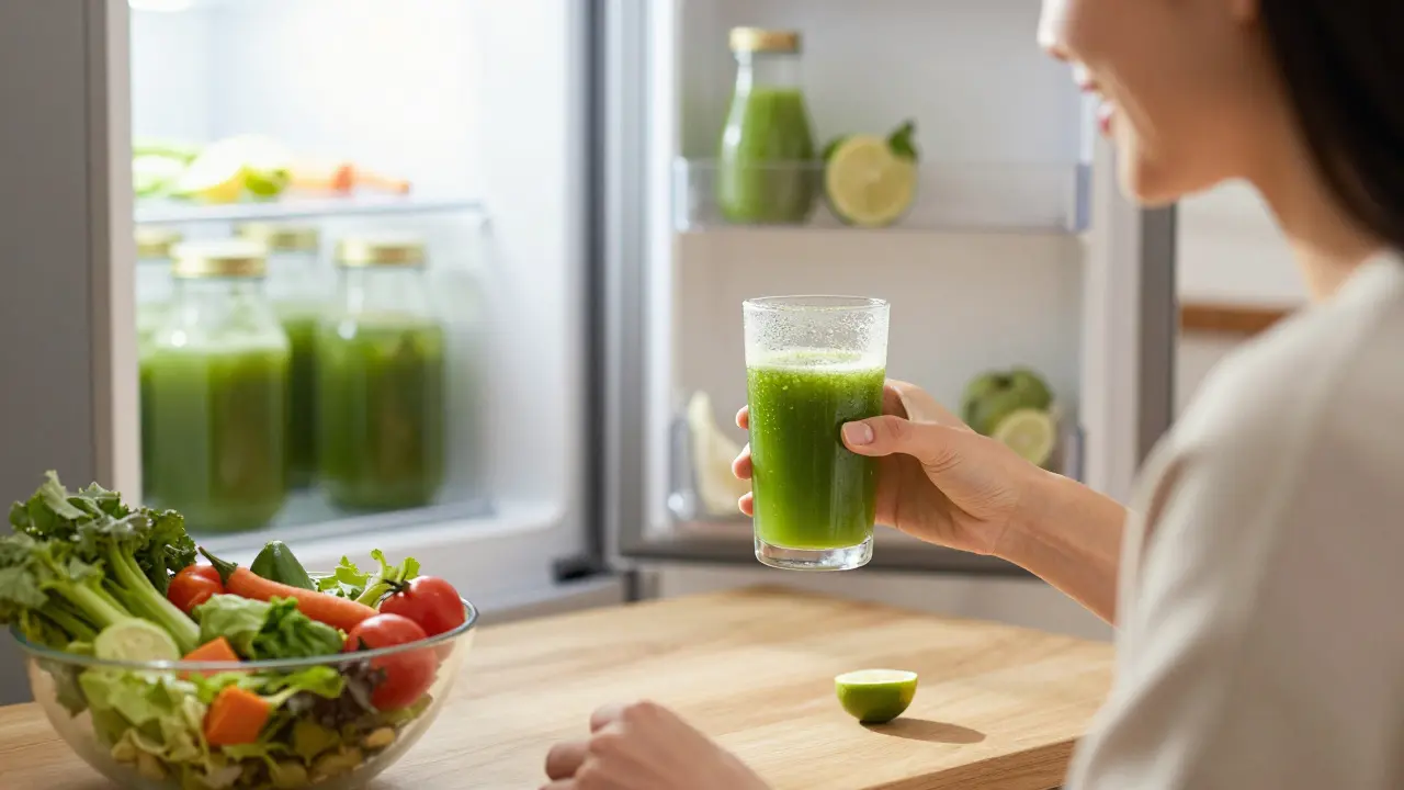 Someone drinking green juice at breakfast with fresh vegetables and jars nearby in a sunlit kitchen.