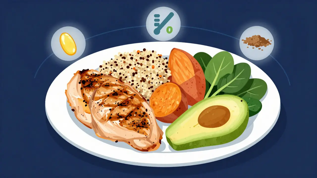 A balanced plate with grilled chicken, quinoa, sweet potatoes, and avocado, symbolizing protein, complex carbs, and healthy fats.