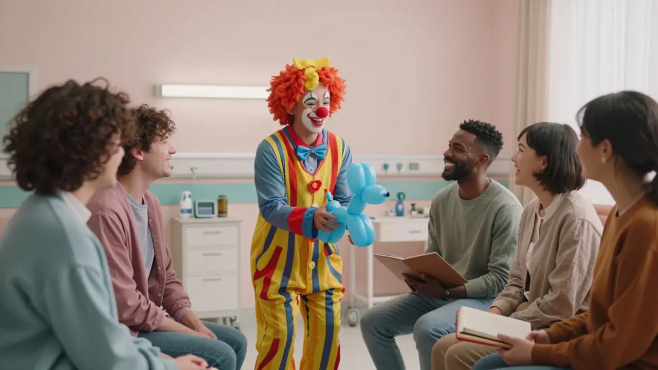 A diverse group of people laughing together in a hospital waiting room with a clown.
