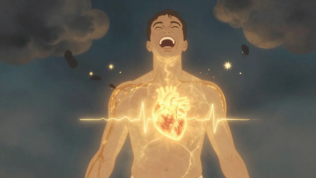 A glowing human body with energy waves representing endorphins and reduced stress hormones during laughter.