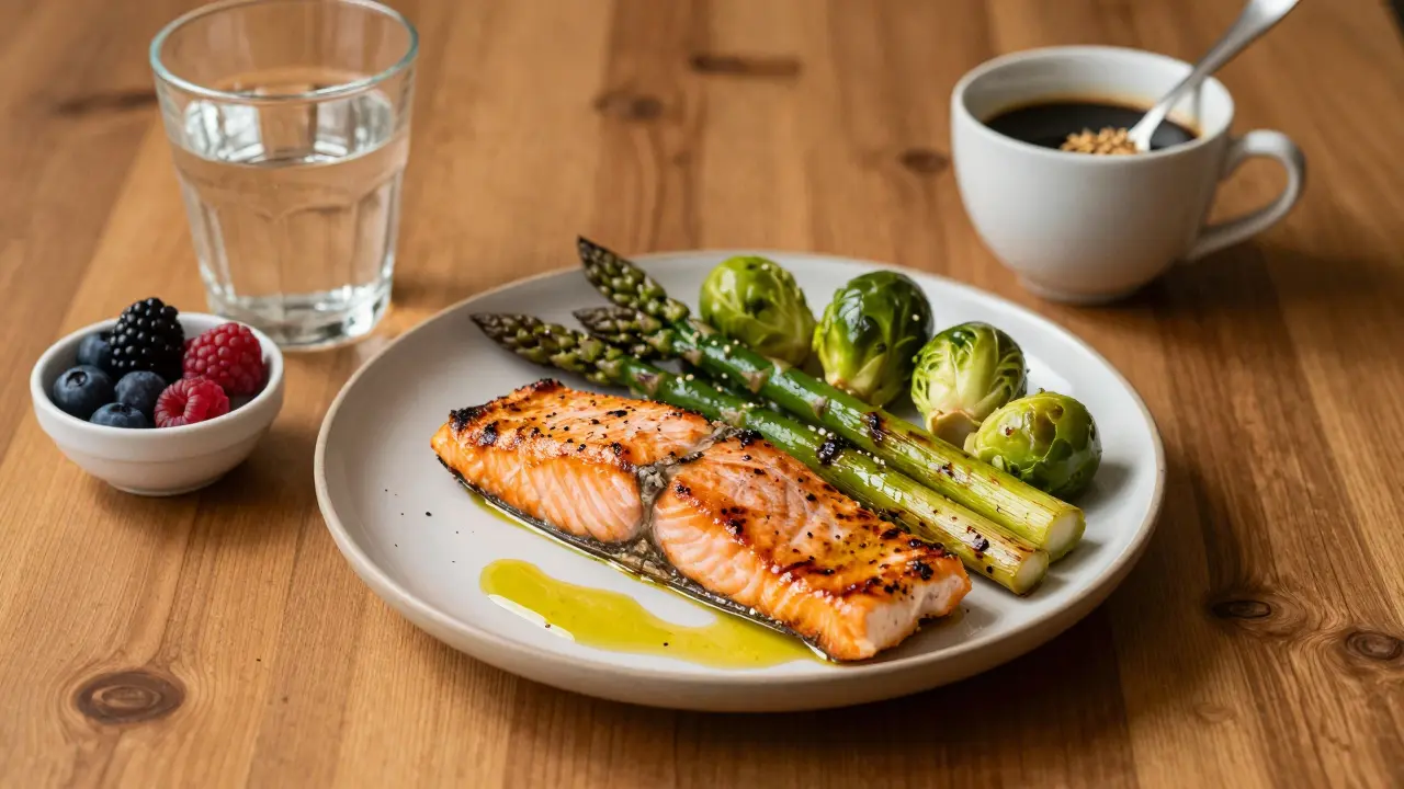 A healthy dinner plate with grilled salmon, roasted vegetables, berries, and a cup of chicory root coffee.