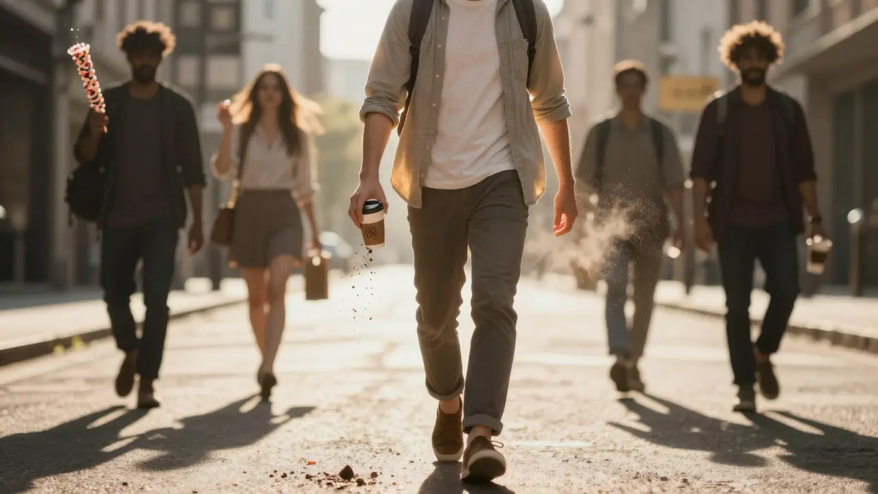 A person walking brightly lit through a city, with fading sugary snacks and coffee cups behind them.