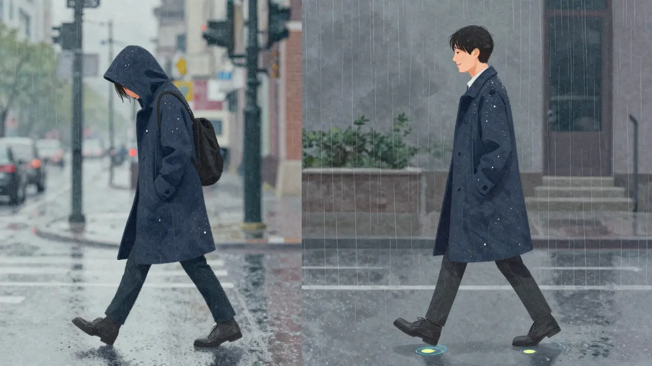 A person walking mindfully through rain, shifting from rushed to present awareness.
