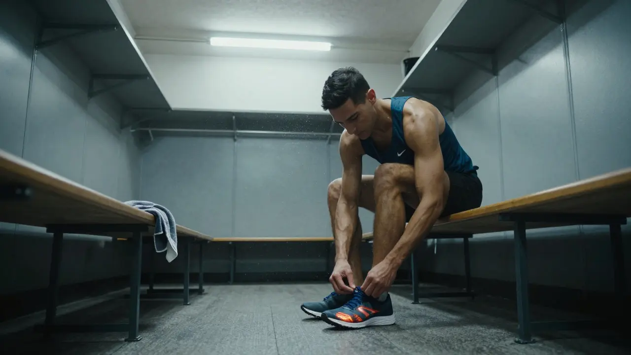 Athlete tying shoes in locker room preparing for training session.