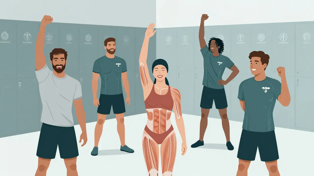 Athletes from different sports stretching after sports massage in a modern clinic.