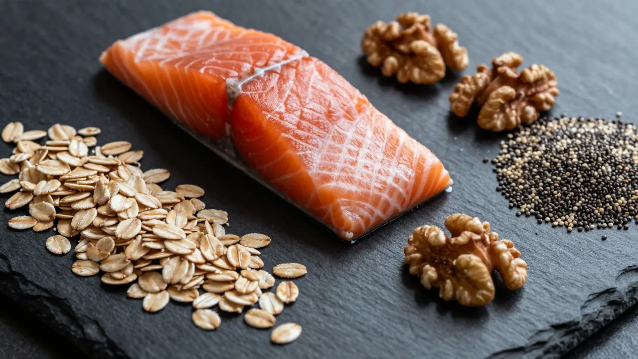 Fresh salmon, oats, and walnuts on a wooden board