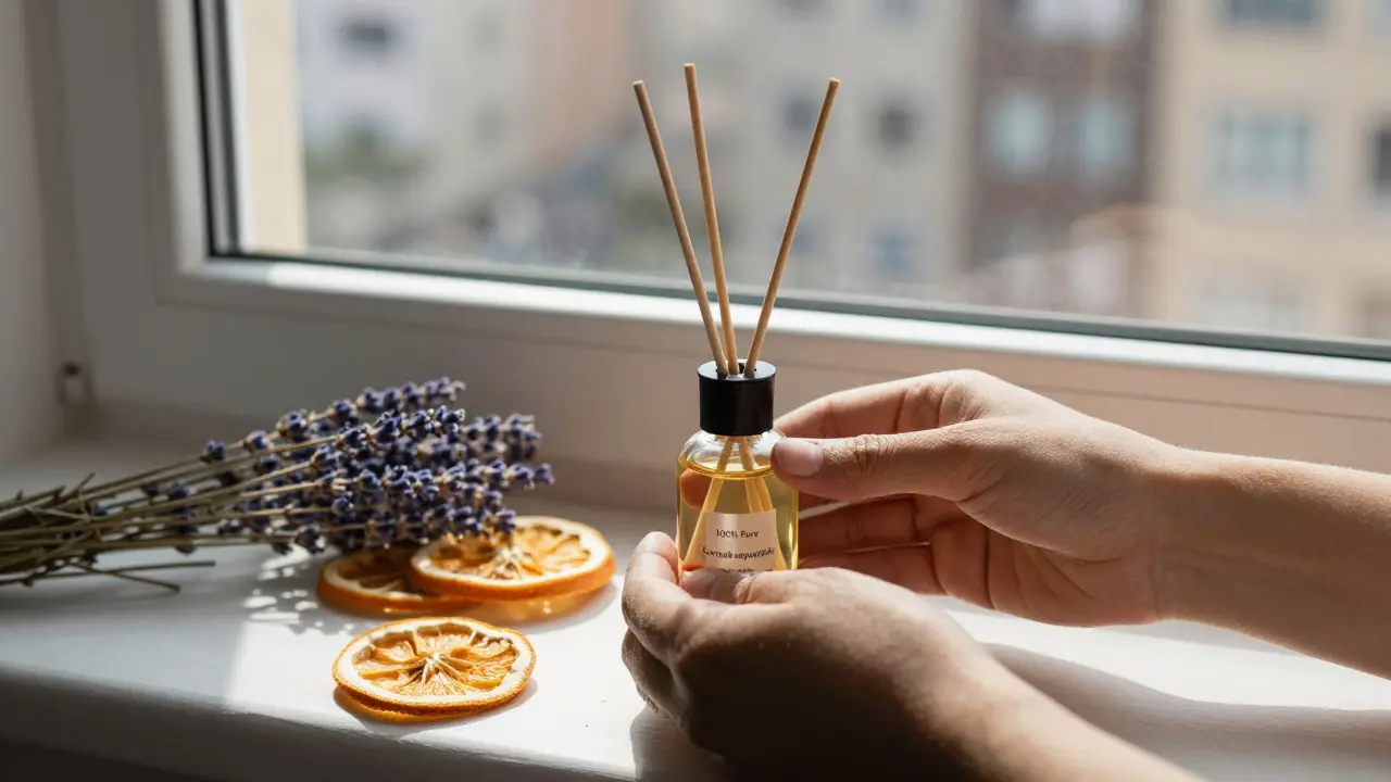 Hands holding a reed diffuser with natural oils and dried botanicals on a sunny windowsill.