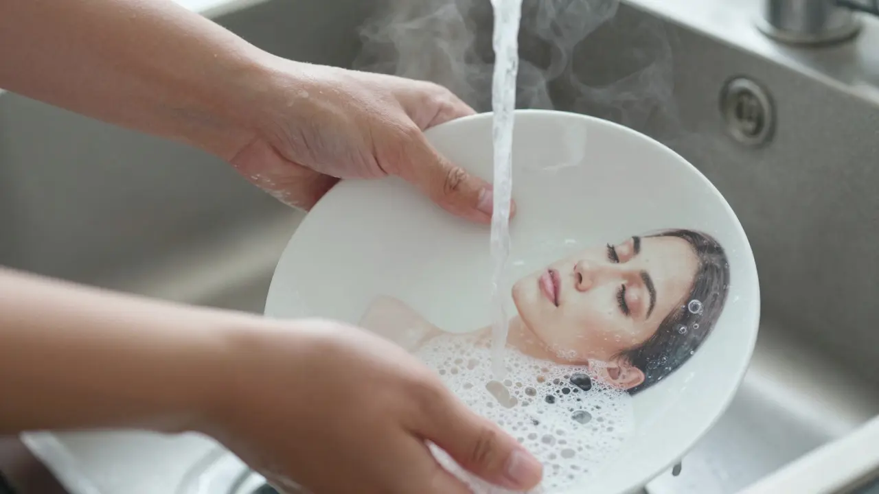 Hands washing dishes with soap bubbles, a serene reflection visible on a wet plate.