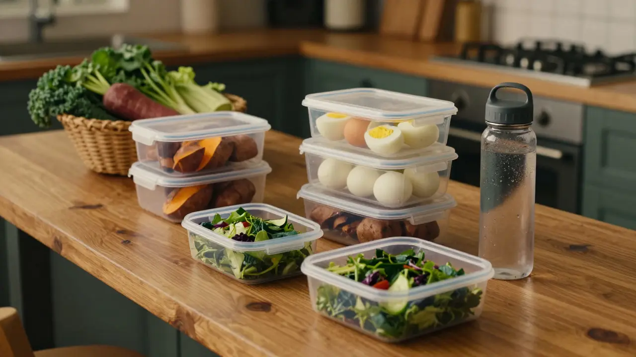 Meal prep containers with vegetables on a kitchen counter