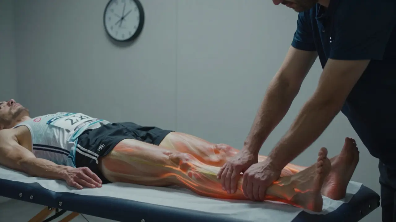 Runner recovering post-marathon with therapist applying deep tissue techniques to calves.
