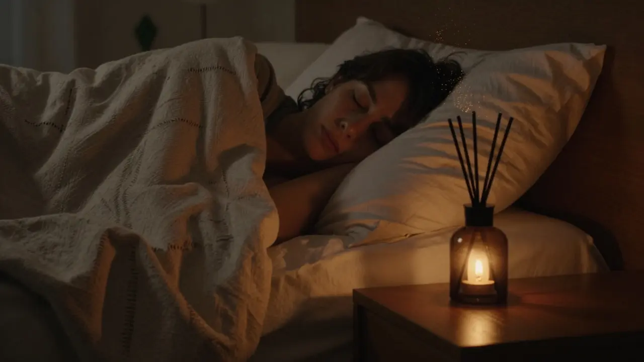 Someone sleeping peacefully with a cedarwood diffuser glowing softly on a nightstand.