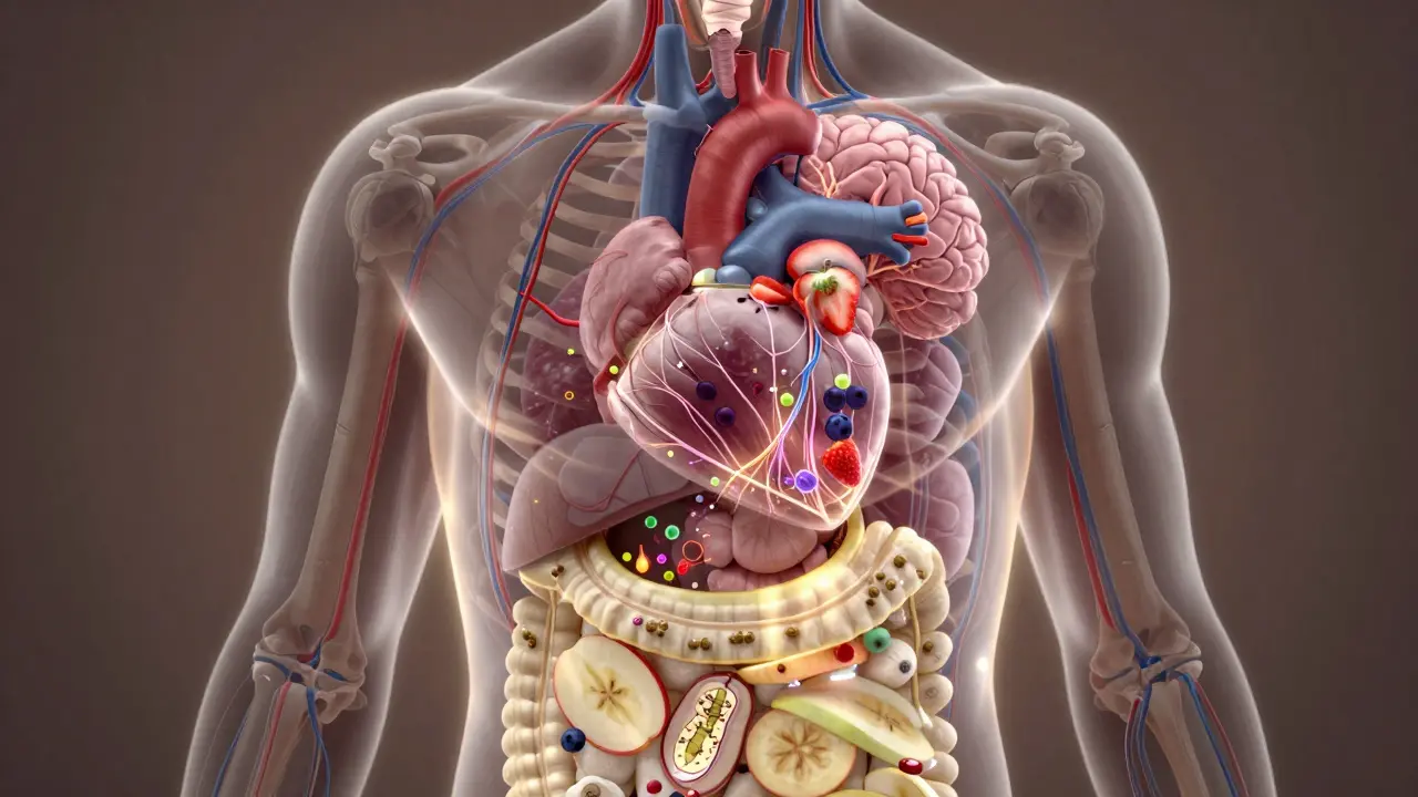 Transparent human body showing glowing gut, heart, and brain nourished by fruit-derived nutrients.