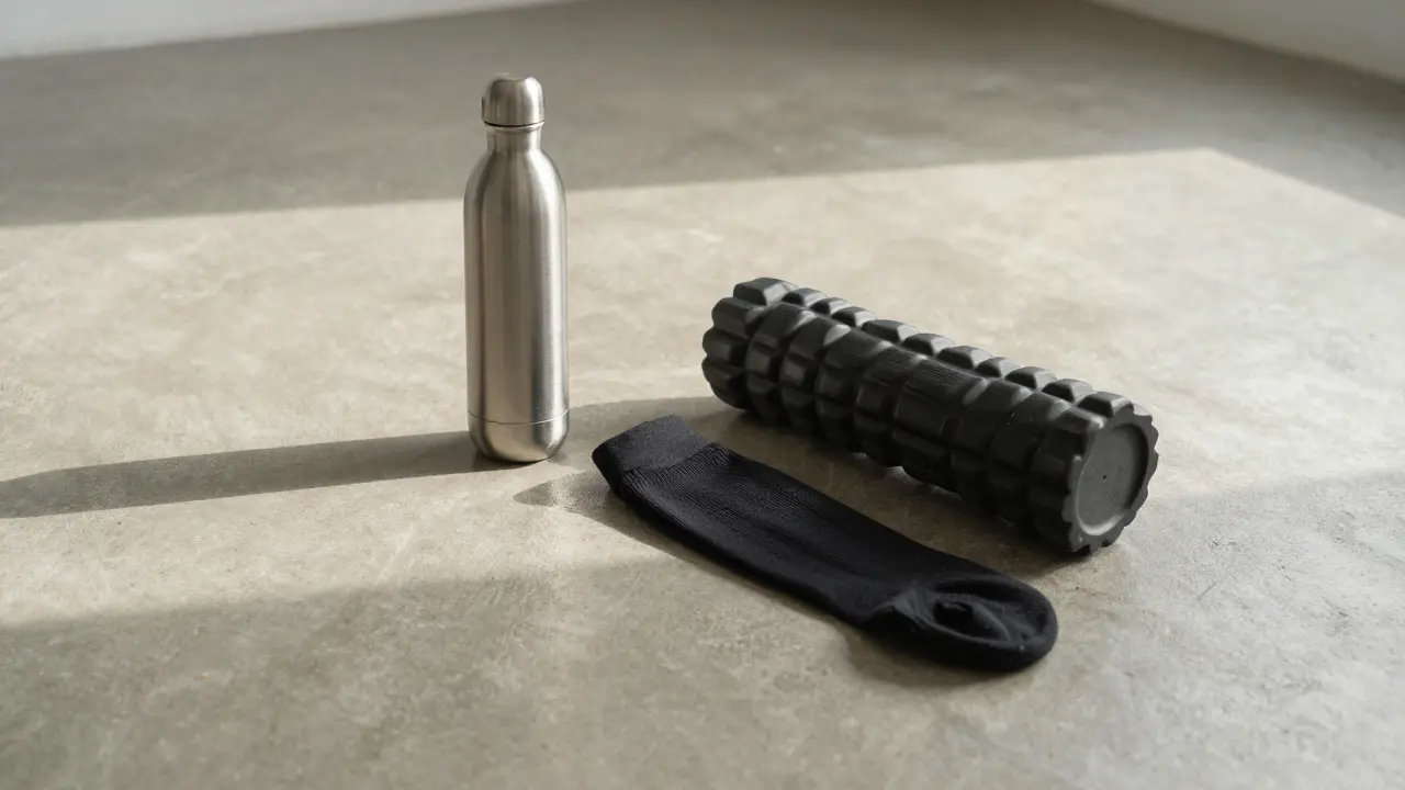 Water bottle and recovery tools on floor for post-workout care.