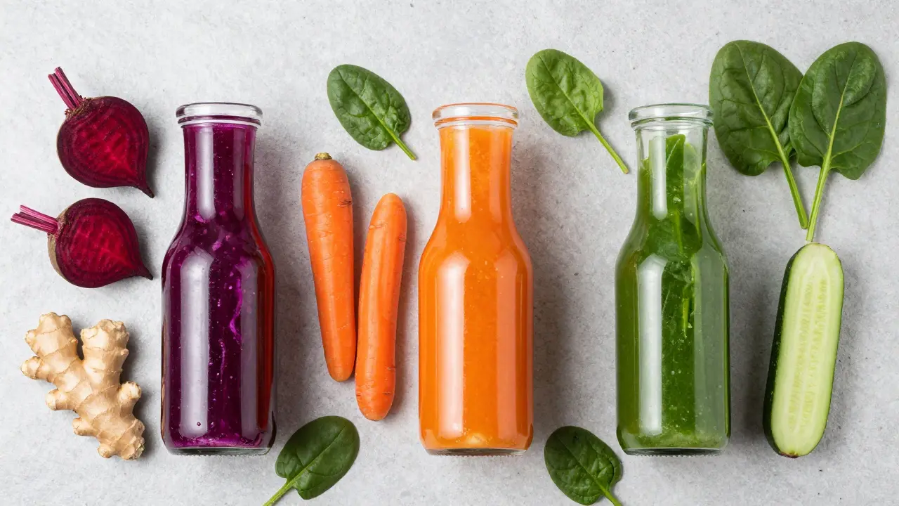A colorful array of purple, orange, and green health juices with raw vegetable ingredients