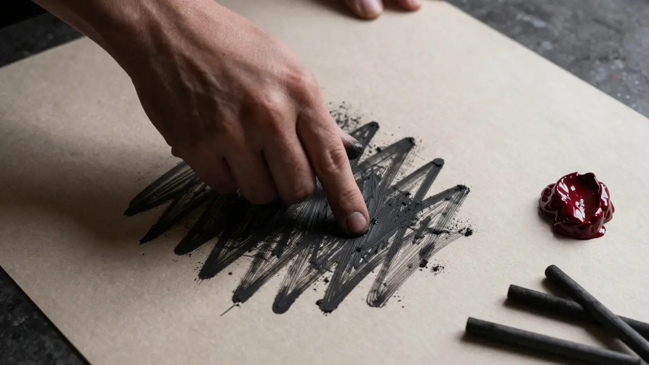 A hand using charcoal to draw jagged, expressive lines on textured paper.
