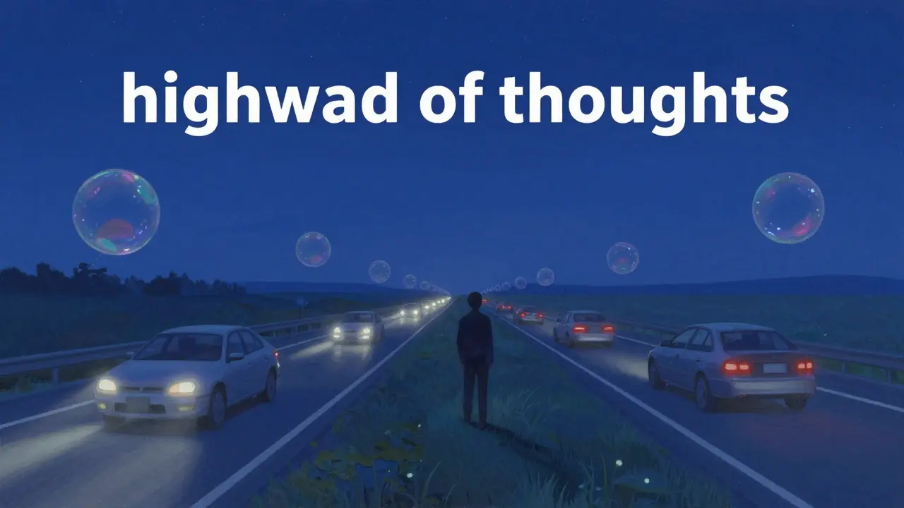 A peaceful figure standing by a glowing highway observing translucent thought bubbles passing by at twilight.