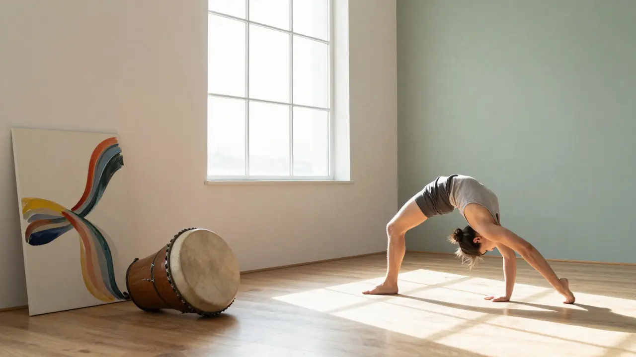 A peaceful therapy studio with a drum, an abstract painting, and a dancer's feet.