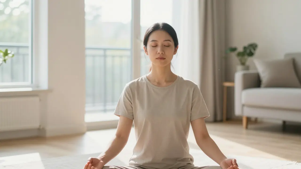 A person sitting in mindful meditation in a bright, minimalist living room with soft natural morning light.