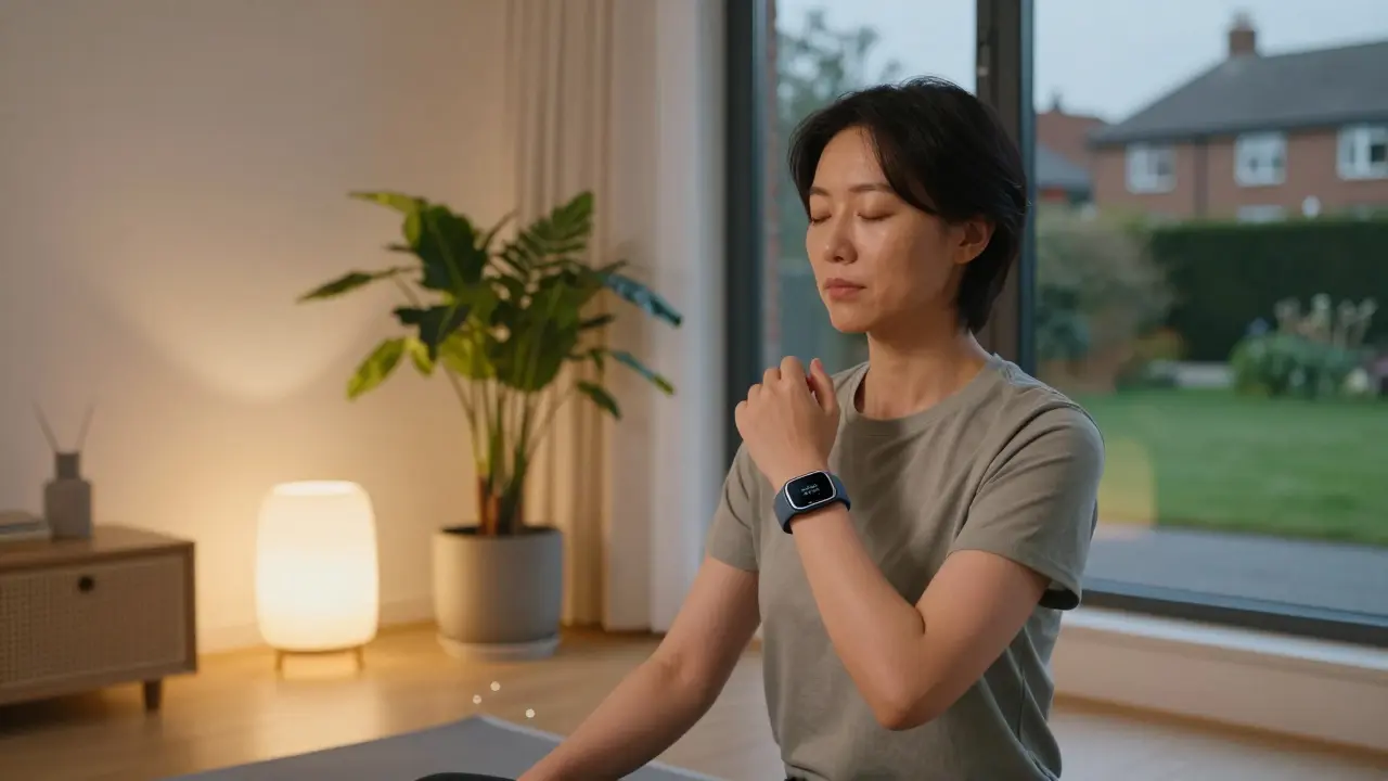 A person using a wearable HRV device to practice relaxation at home.