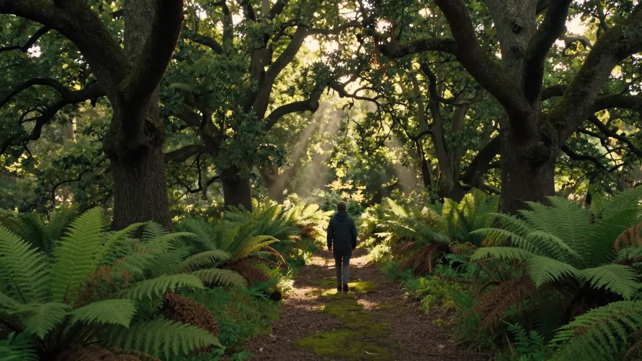 A person walking mindfully through a sunlit, green forest with ancient trees.
