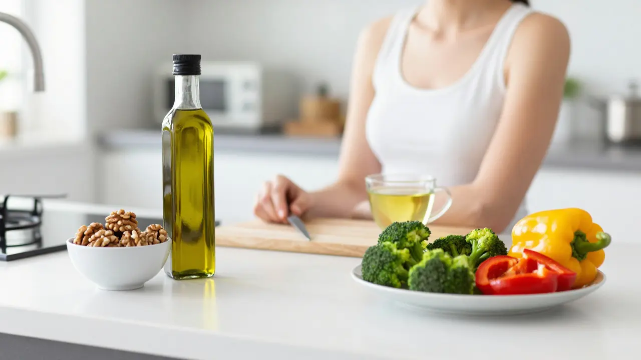 A selection of healthy foods including olive oil, nuts, and green tea on a bright kitchen counter.