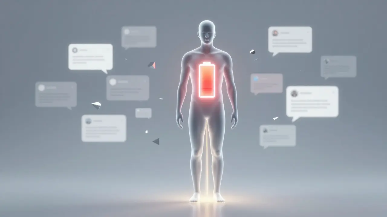 A silhouette of a person with a low battery icon in their chest surrounded by stress symbols.