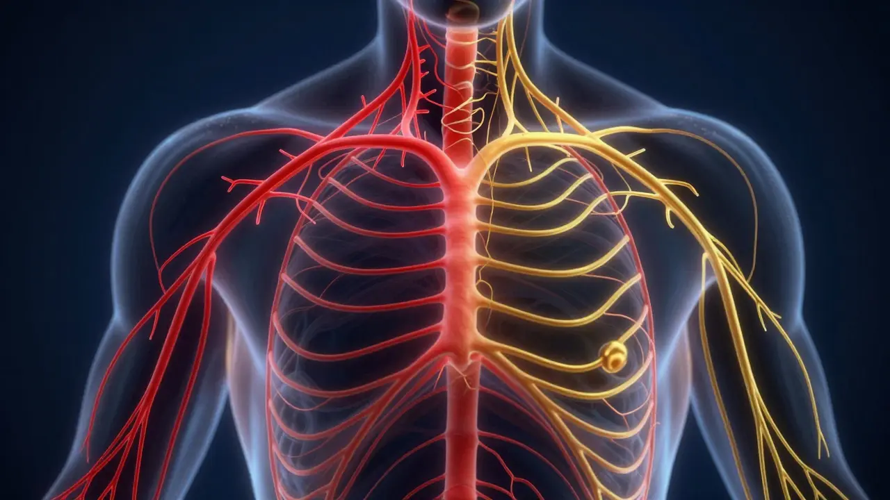 Abstract illustration of the nervous system shifting from stress to a state of relaxation.