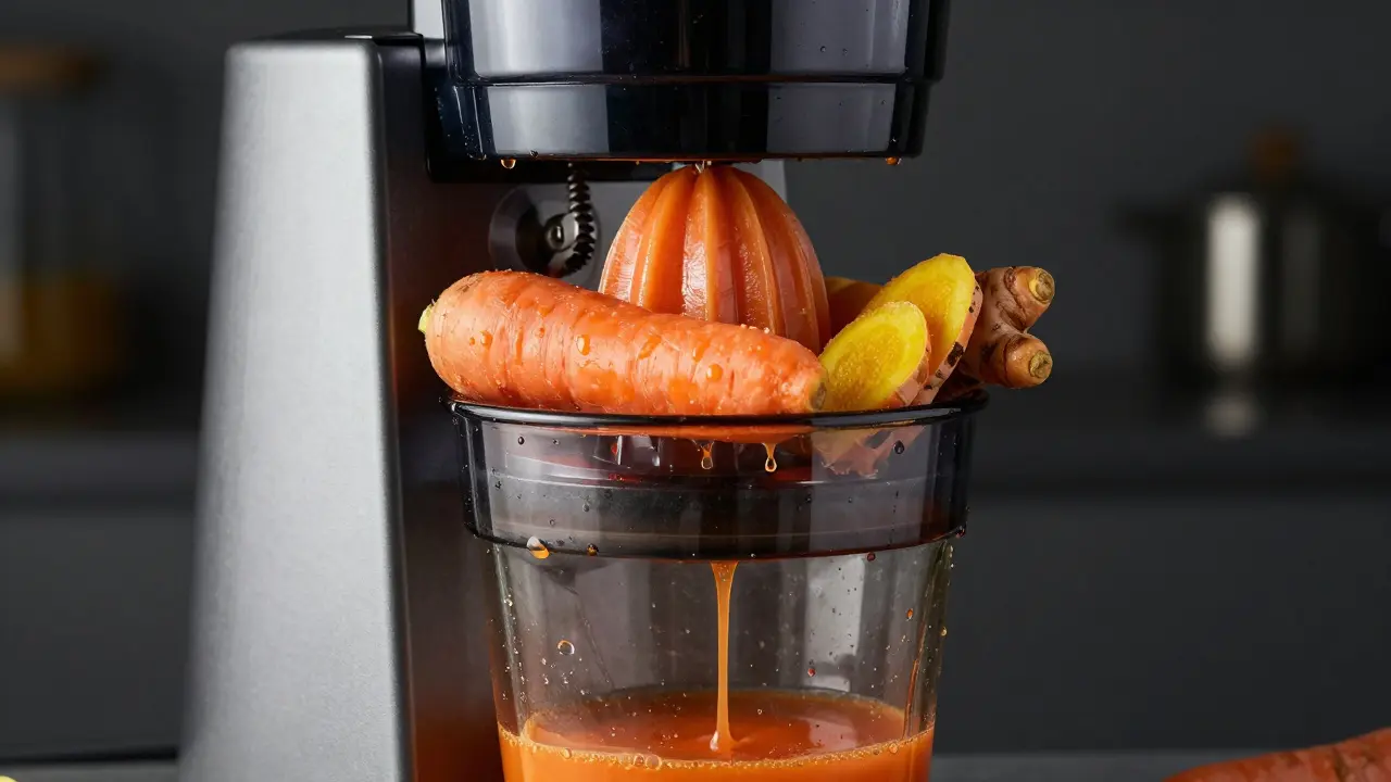 Close-up of a cold-press juicer extracting rich juice from carrots and turmeric