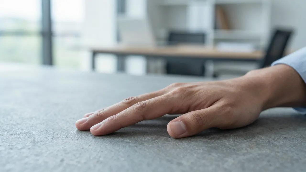 Close-up of a hand touching a stone surface for sensory grounding in an office