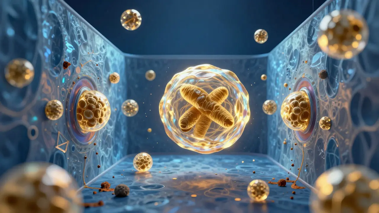 Conceptual art of glowing antioxidants repairing a cellular structure to stop aging.