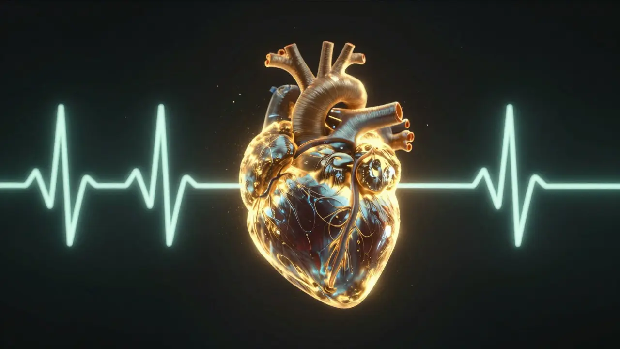 Stylized anatomical heart with golden glowing lines representing heart rate variability
