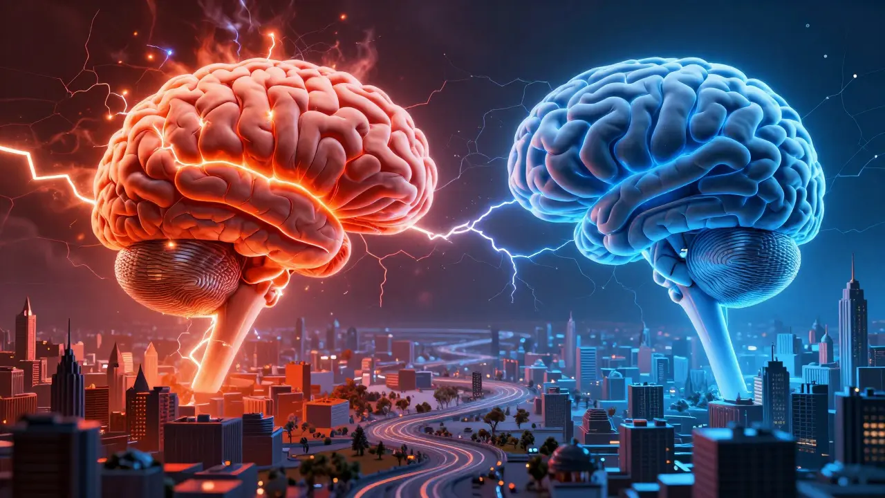 Abstract art showing the conflict between stress and focus in the brain.
