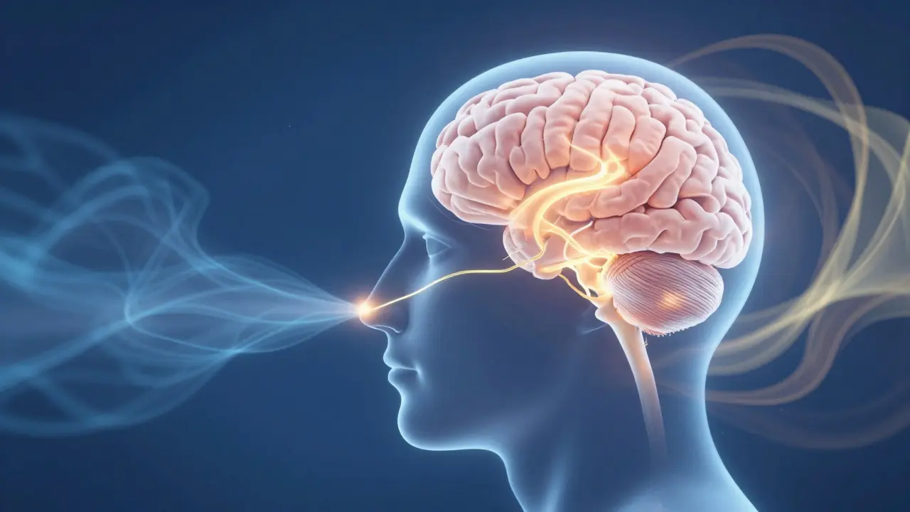 Artistic visualization of scent pathways connecting the nose to the brain's emotional center.
