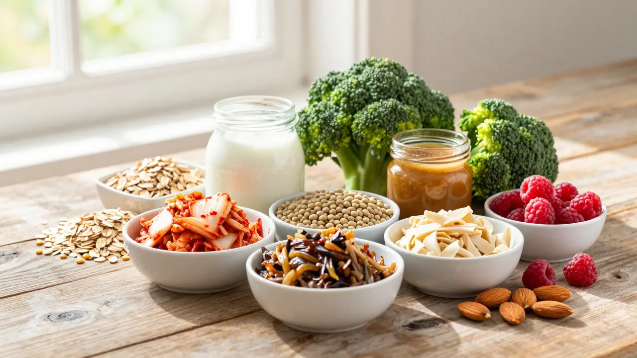 Fresh fermented foods, oats, vegetables, and berries arranged on a wooden table for gut health.