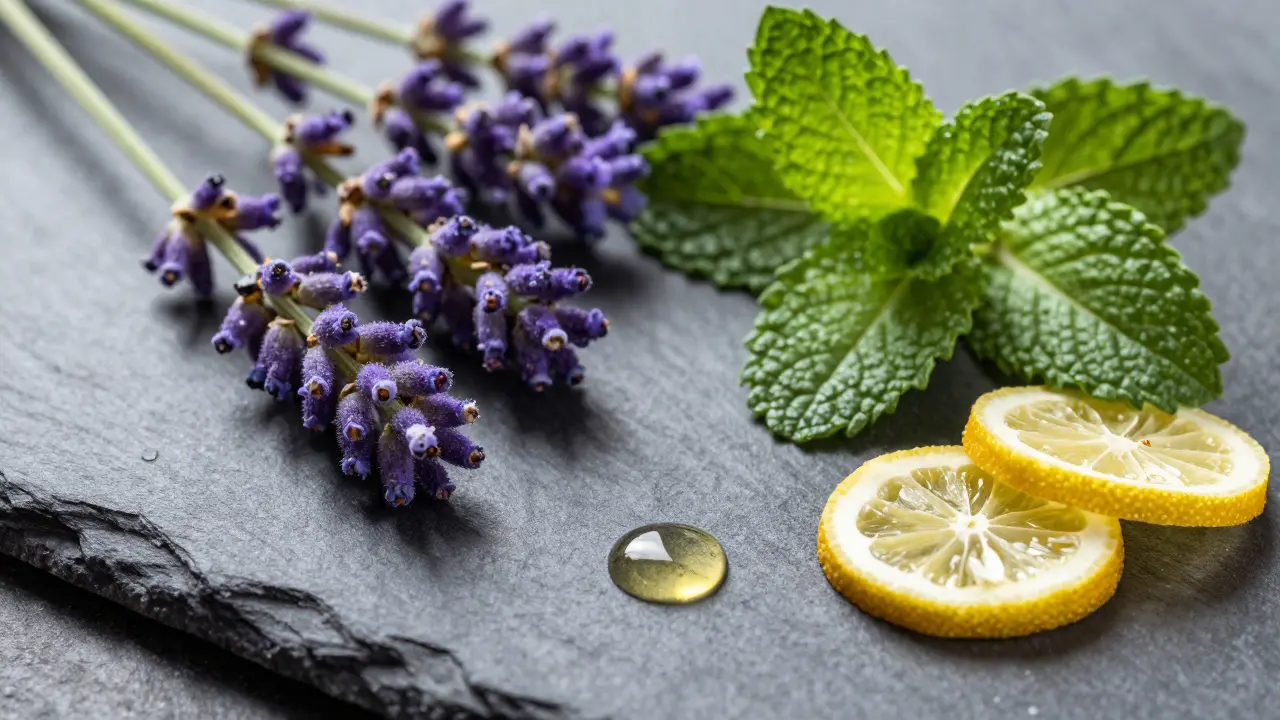 Fresh lavender, peppermint, and bergamot ingredients arranged with essential oil drops on slate.
