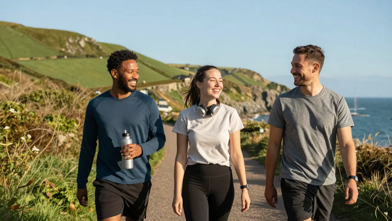 Friends walking happily on a sunny path, showing holistic well-being