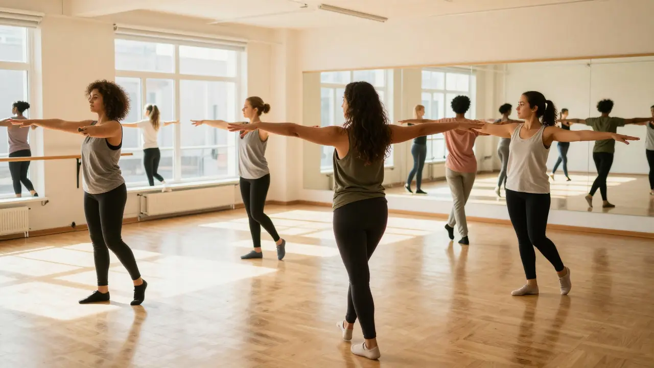 Group moving freely in bright dance therapy studio