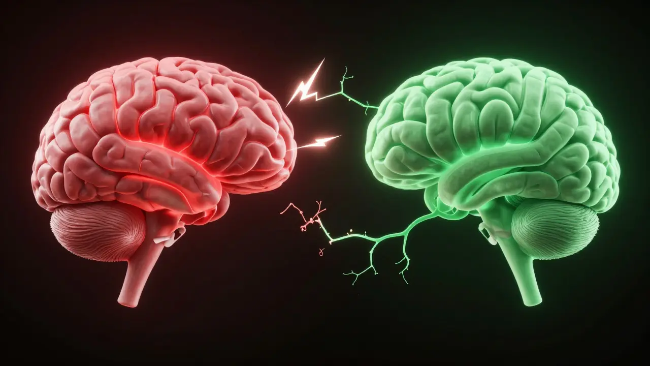 Illustration of a brain showing stressed red amygdala and calming green hippocampus.