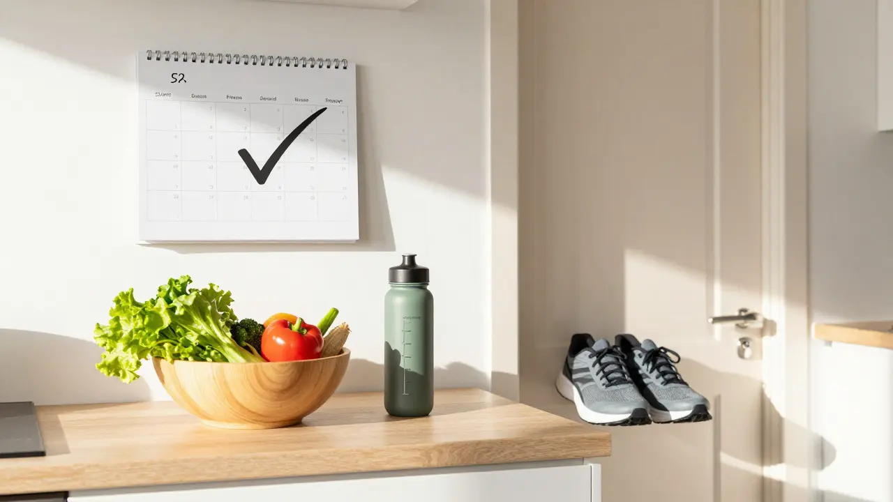 Kitchen counter with healthy items representing clear, actionable SMART goals