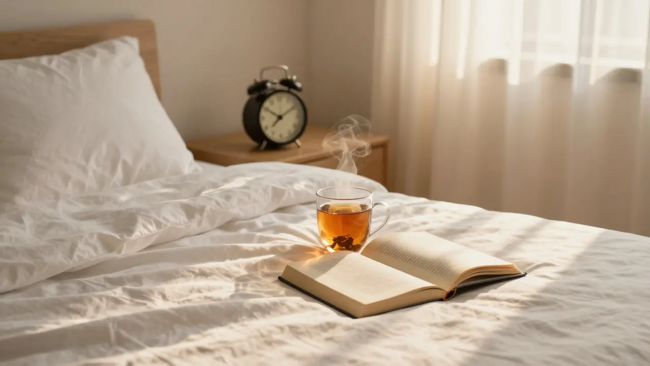 Peaceful bedroom with tea, book, and alarm clock, no electronics visible.