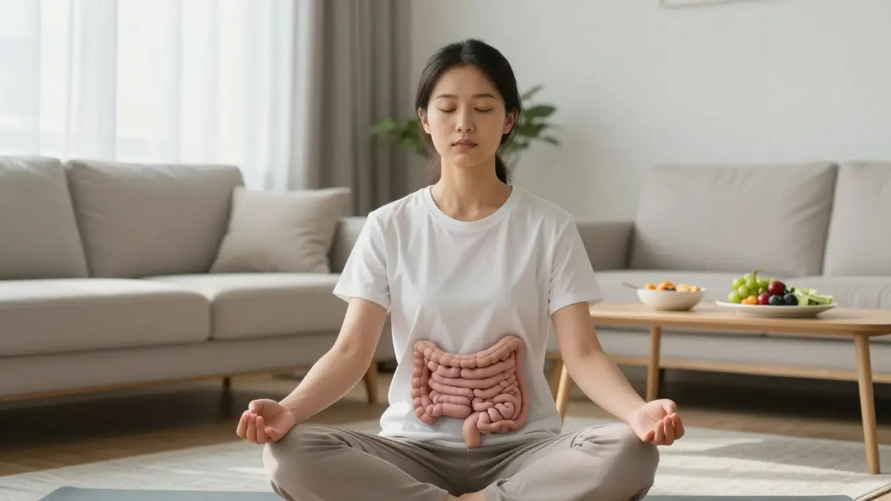 Person meditating peacefully in a sunlit room to support digestion and reduce stress.